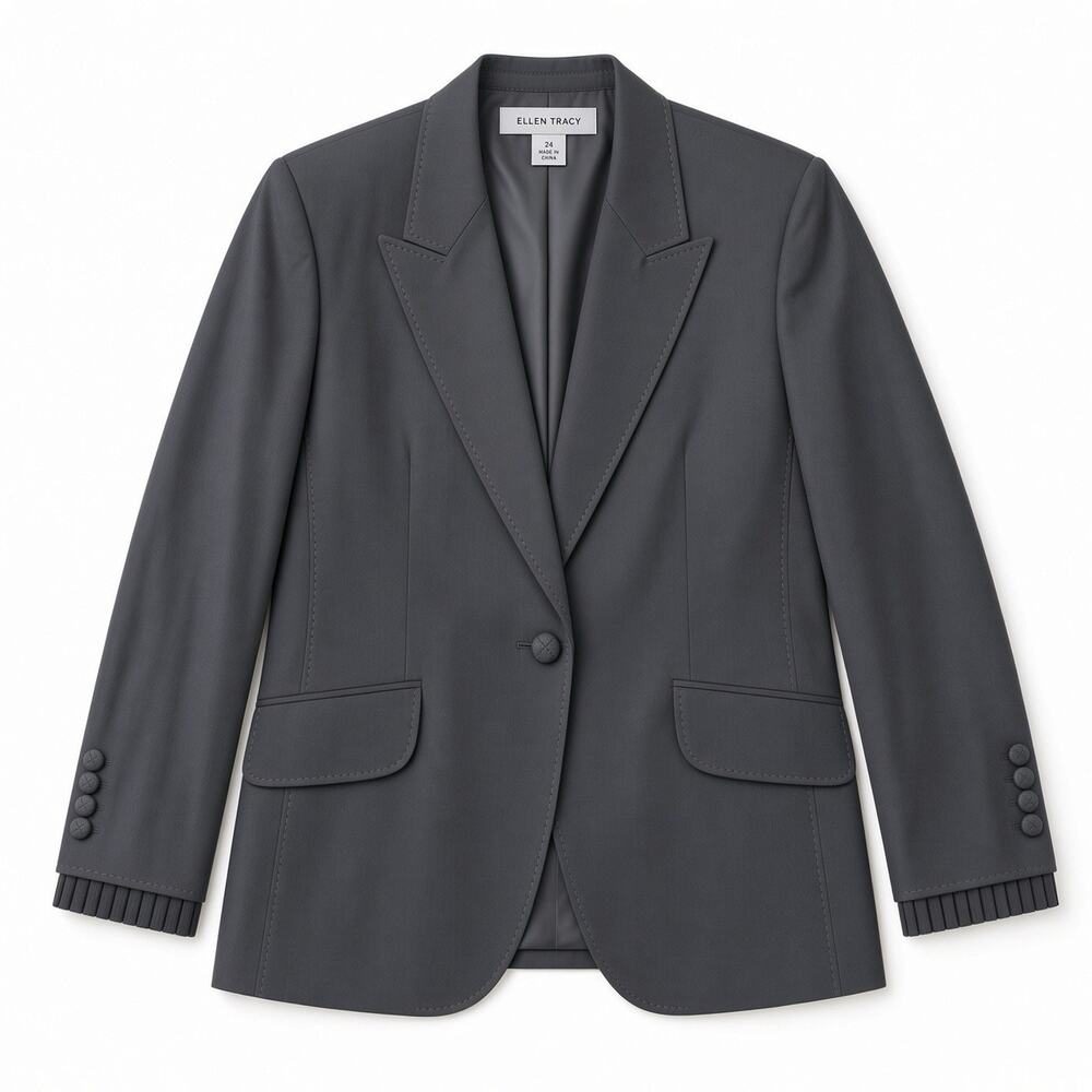 Ellen Tracy Black Blazer Women 24 100% Wool 1-Button Lined - Silk Trim-JB3
